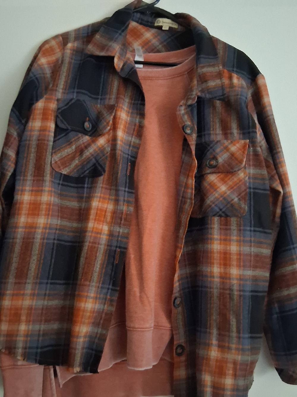 Plaid Flannel Shirt Jacket - Rust/Blue With Orange Long Sleeve Shirt